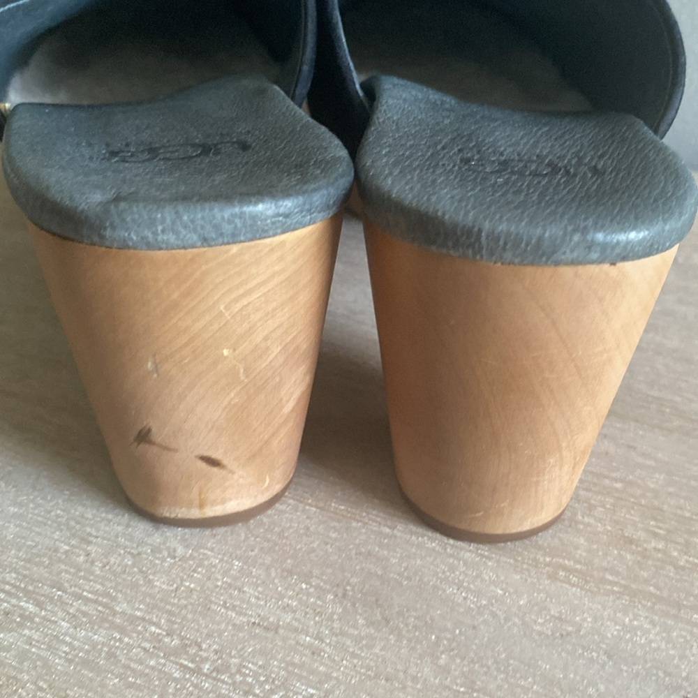 UGG Black Suede Mules with Tan Wooden Heel - Picture 9 of 13
